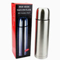 A 0.5L stainless steel vacuum flask shown next to its retail packaging box.