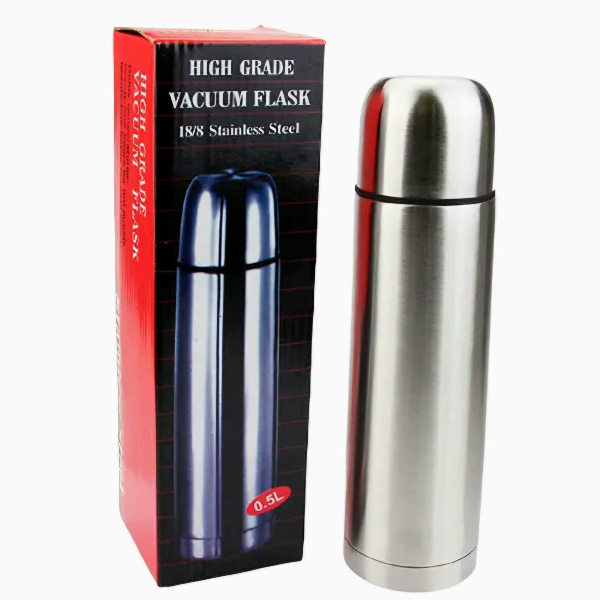 A 0.5L stainless steel vacuum flask shown next to its retail packaging box.