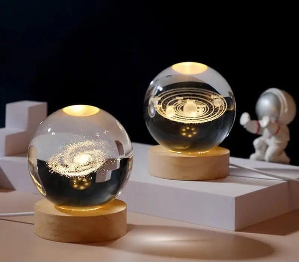 3D Laser Engraved Crystal Ball Night Light with Wooden LED Base