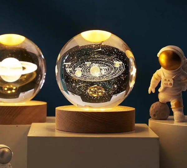 3D Laser Engraved Crystal Ball Night Light with Wooden LED Base