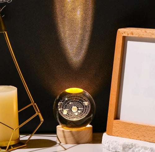 3D Laser Engraved Crystal Ball Night Light with Wooden LED Base