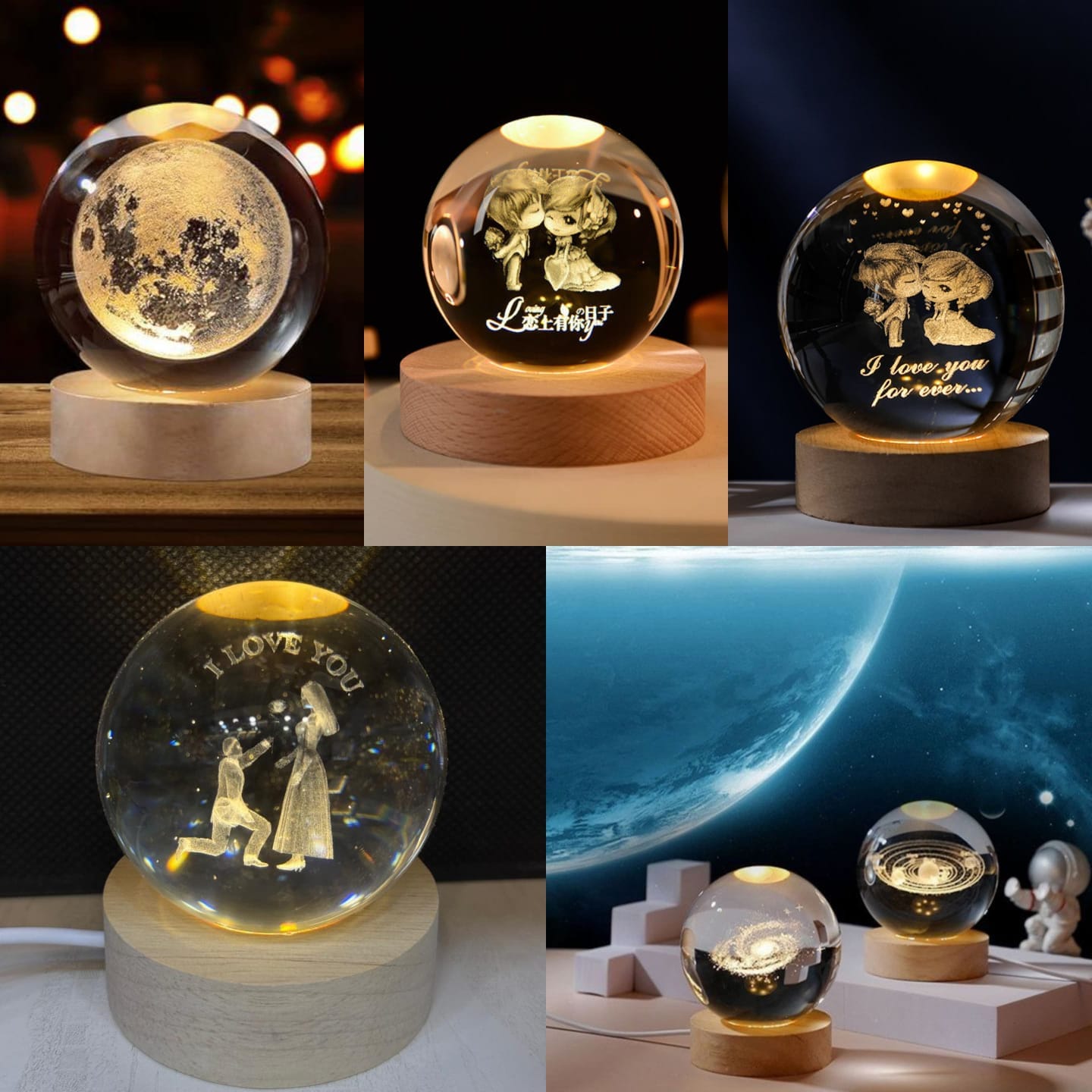 A 2x3 collage showing four views of a glowing decorative crystal ball night light on a wooden base. The top row shows the clear sphere with internal moon and couple illustrations under warm light; the bottom row shows the same light in a darker room with a planet scene and small astronaut figure.