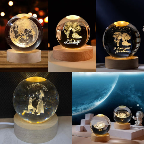 A 2x3 collage showing four views of a glowing decorative crystal ball night light on a wooden base. The top row shows the clear sphere with internal moon and couple illustrations under warm light; the bottom row shows the same light in a darker room with a planet scene and small astronaut figure.