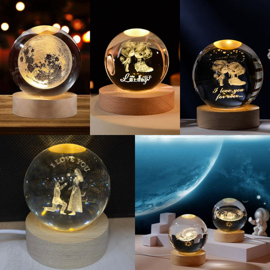 3D Laser Engraved Crystal Ball Night Light with Wooden LED Base