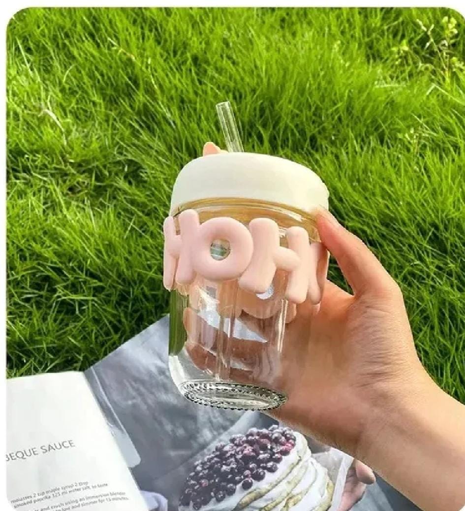 HOHO Aesthetic Pastel Glass Tumbler with Straw & 3D Silicone Sleeve