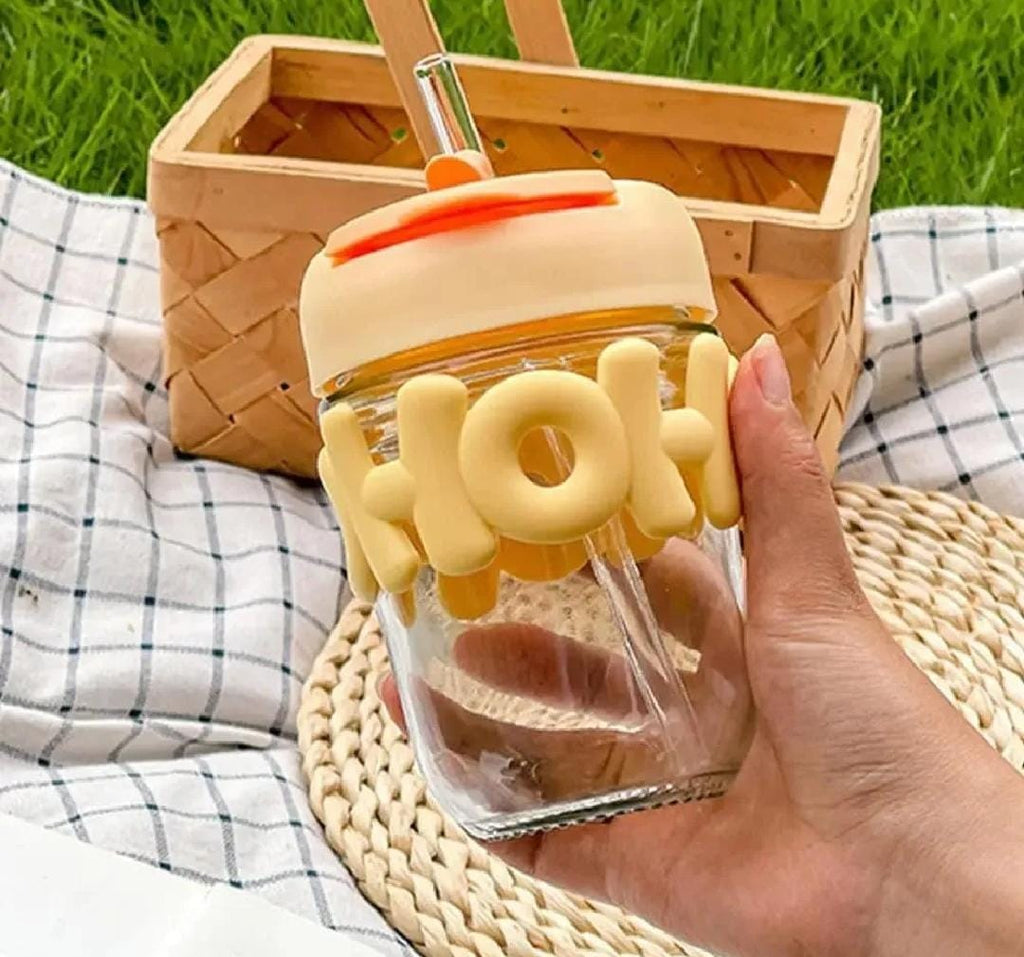 HOHO Aesthetic Pastel Glass Tumbler with Straw & 3D Silicone Sleeve
