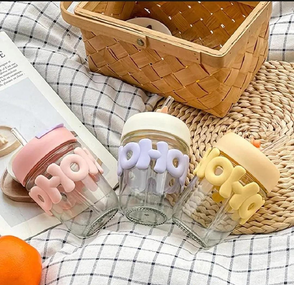 HOHO Aesthetic Pastel Glass Tumbler with Straw & 3D Silicone Sleeve