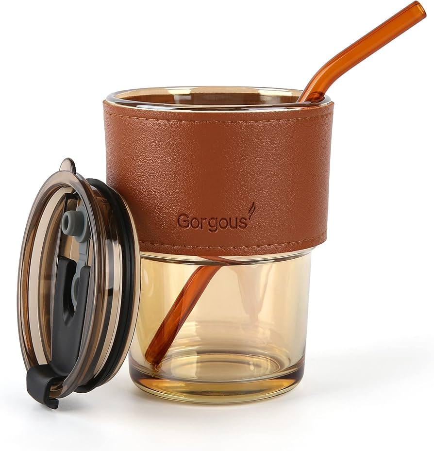 Glass Coffee Mug with Straw and Leather Sleeve | Leakproof Tumbler