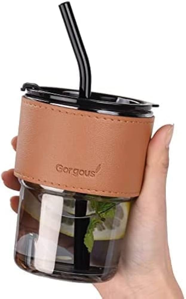 Glass Coffee Mug with Straw and Leather Sleeve | Leakproof Tumbler