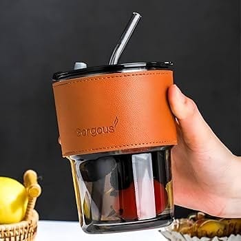 Glass Coffee Mug with Straw and Leather Sleeve | Leakproof Tumbler