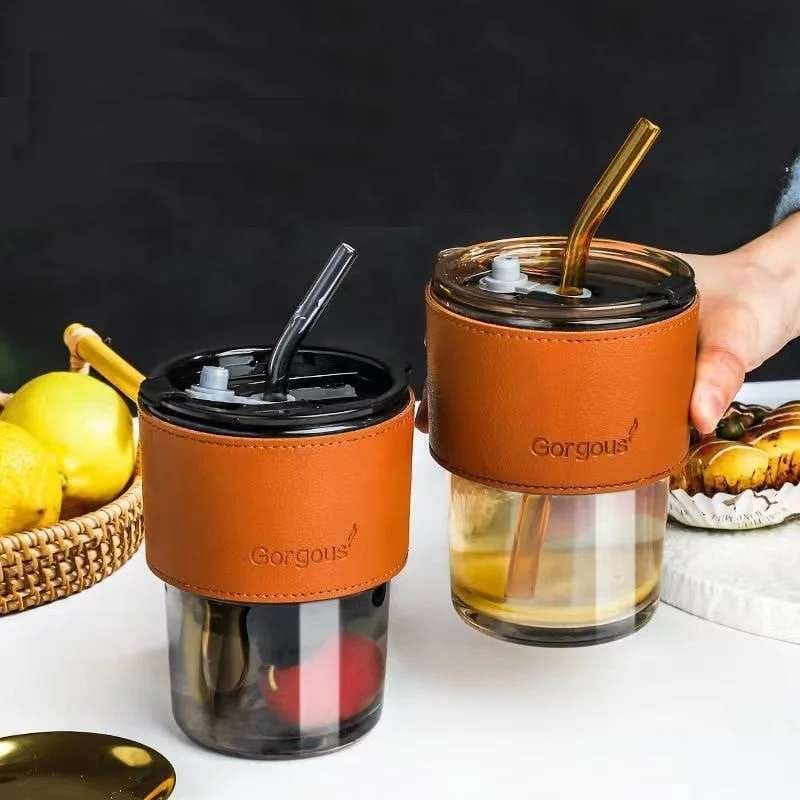 Glass Coffee Mug with Straw and Leather Sleeve | Leakproof Tumbler