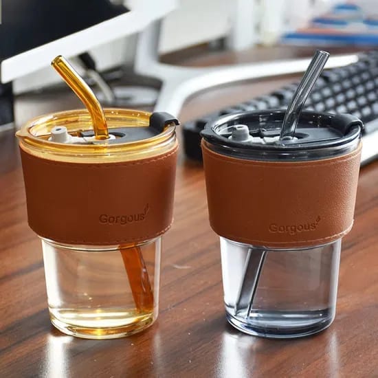 Glass Coffee Mug with Straw and Leather Sleeve | Leakproof Tumbler