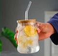 Ripple Glass Tumbler with Bamboo Lid & Reusable Glass Straw – 450ml Aesthetic Drinking Cup for Iced Coffee, Juice & Smoothies