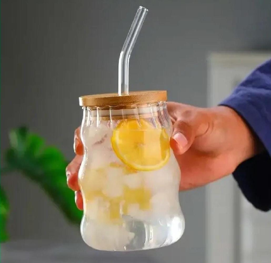 Ripple Glass Tumbler with Bamboo Lid & Reusable Glass Straw – 450ml Aesthetic Drinking Cup for Iced Coffee, Juice & Smoothies
