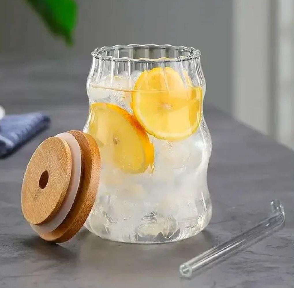 Ripple Glass Tumbler with Bamboo Lid & Reusable Glass Straw – 450ml Aesthetic Drinking Cup for Iced Coffee, Juice & Smoothies