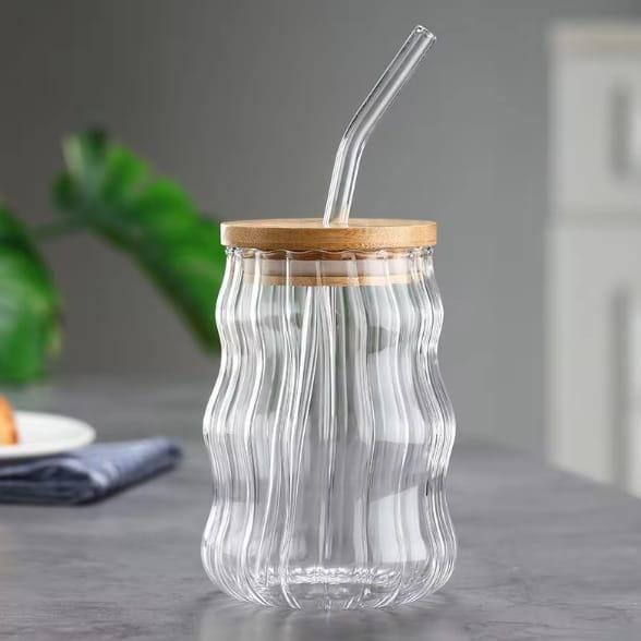 Ripple Glass Tumbler with Bamboo Lid & Reusable Glass Straw – 450ml Aesthetic Drinking Cup for Iced Coffee, Juice & Smoothies