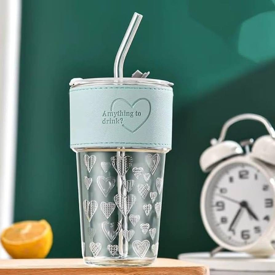 Premium Glass Tumbler with Silicone Sleeve, Lid & Glass Straw | Reusable Coffee & Juice Cup (500ml)
