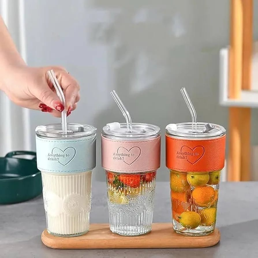 Premium Glass Tumbler with Silicone Sleeve, Lid & Glass Straw | Reusable Coffee & Juice Cup (500ml)