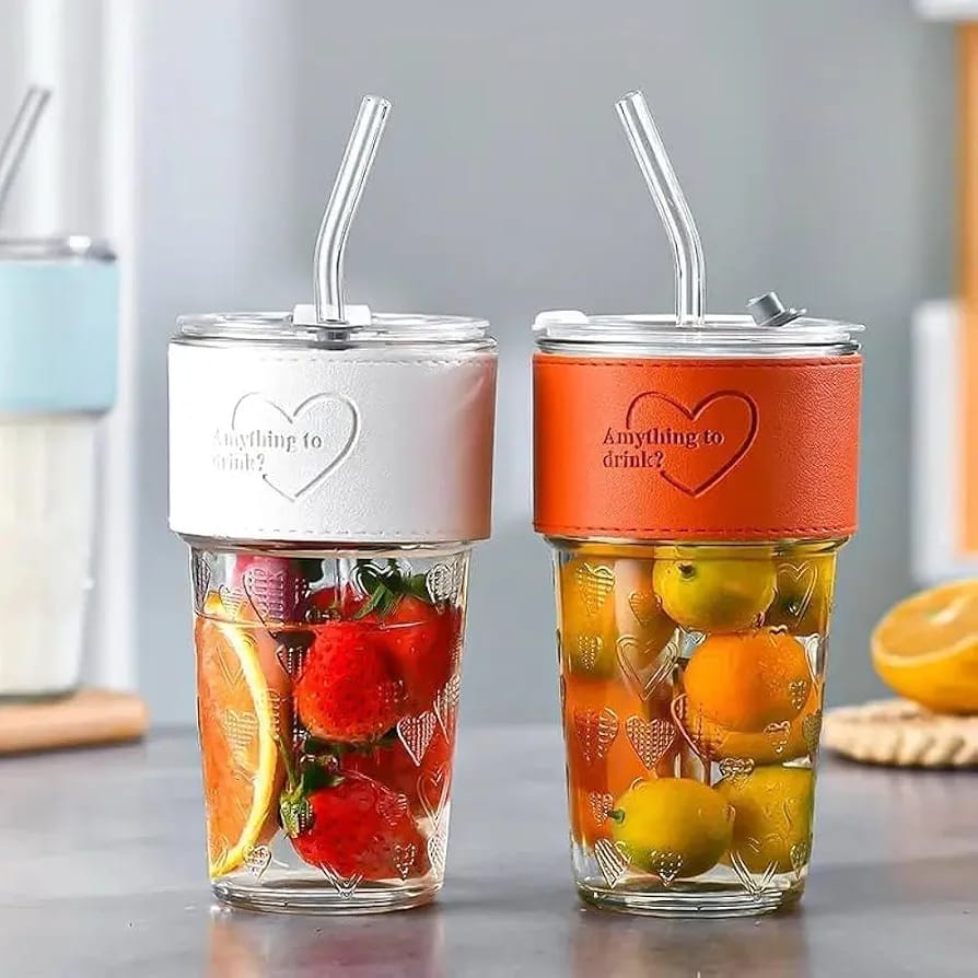 Premium Glass Tumbler with Silicone Sleeve, Lid & Glass Straw | Reusable Coffee & Juice Cup (500ml)
