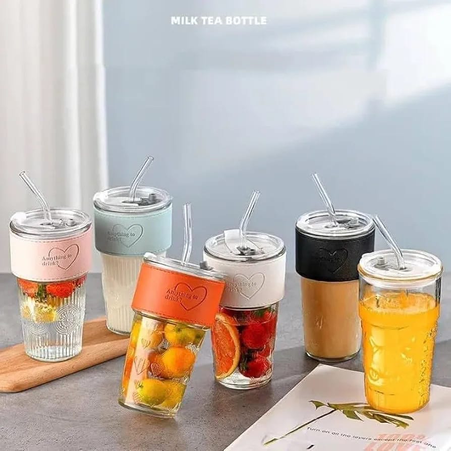 Premium Glass Tumbler with Silicone Sleeve, Lid & Glass Straw | Reusable Coffee & Juice Cup (500ml)