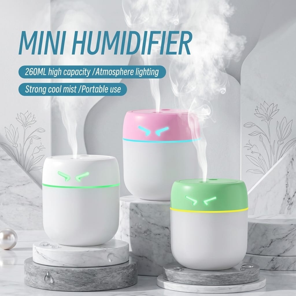 Mini USB Cool Mist Humidifier with LED Night Light | 260ml Portable Air Diffuser
