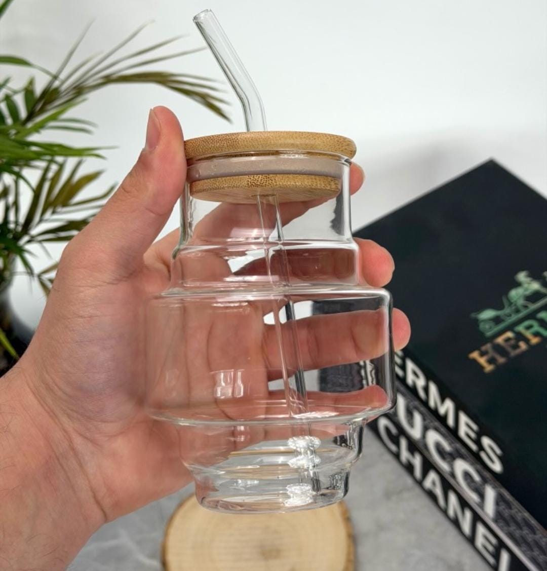 Ripple Glass Tumbler with Bamboo Lid & Reusable Glass Straw – 450ml Aesthetic Drinking Cup for Iced Coffee, Juice & Smoothies (Copy)