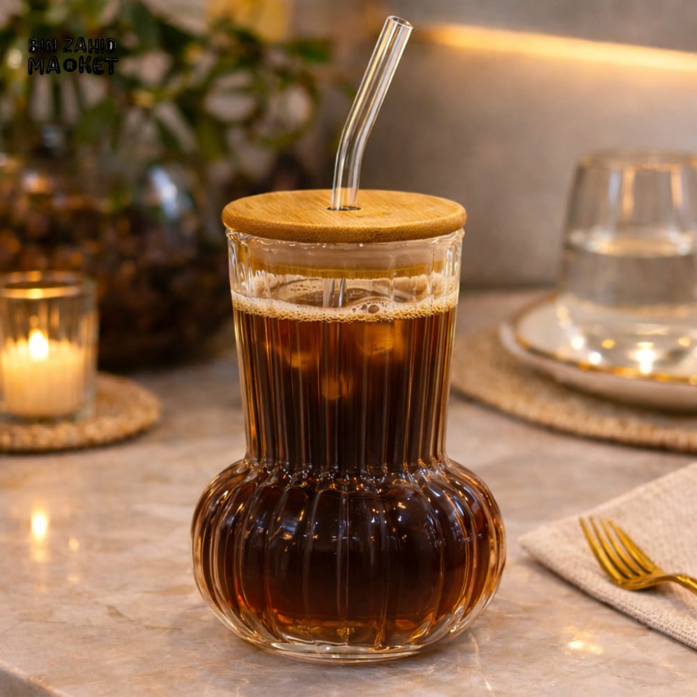 Vintage Ribbed Glass Tumbler with Bamboo Lid & Glass Straw | Reusable Iced Coffee Cup (450ml)