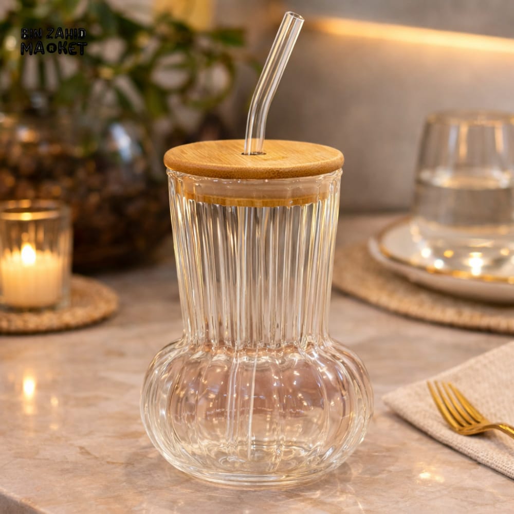 Vintage Ribbed Glass Tumbler with Bamboo Lid & Glass Straw | Reusable Iced Coffee Cup (450ml)