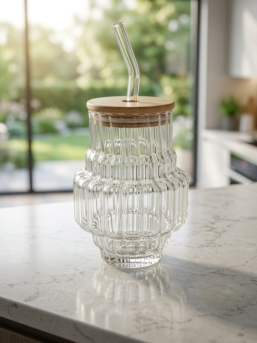 Modern Ribbed Glass Tumbler with Bamboo Lid & Glass Straw | Reusable Drinking Cup (500ml)