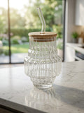 Modern Ribbed Glass Tumbler with Bamboo Lid & Glass Straw | Reusable Drinking Cup (500ml)