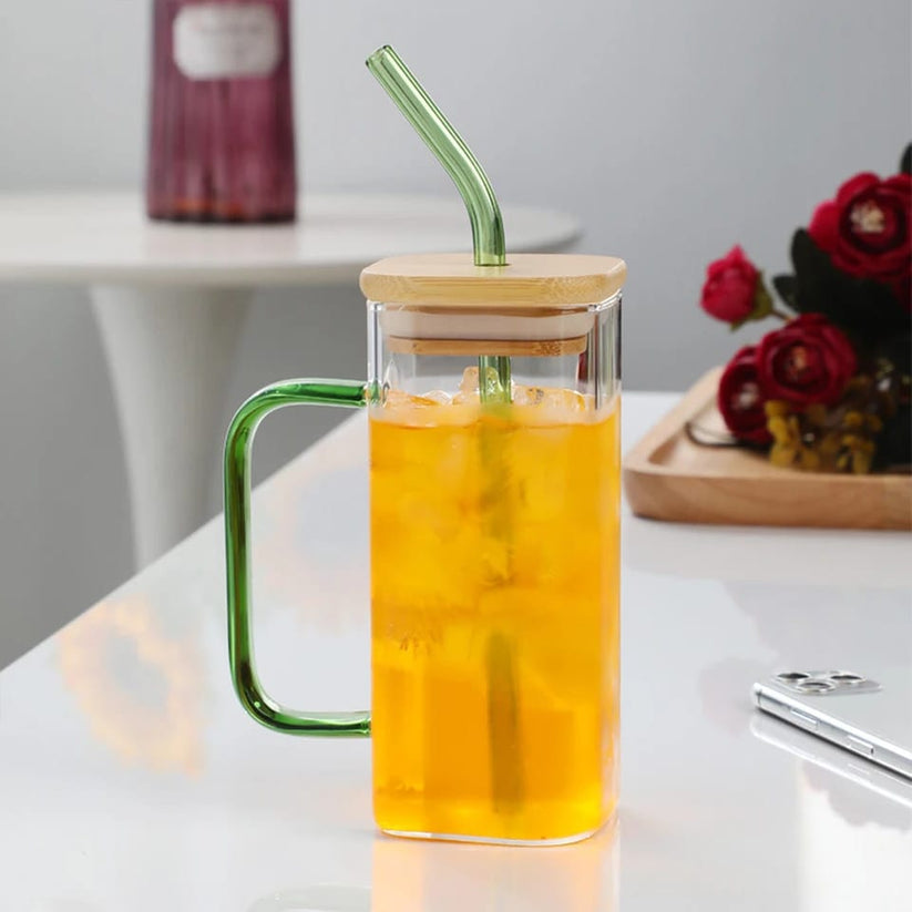 Modern Square Glass Tumbler with Bamboo Lid & Reusable Glass Straw – 450ml Iced Coffee & Juice Cup (Green Handle)
