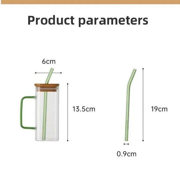 Modern Square Glass Tumbler with Bamboo Lid & Reusable Glass Straw – 450ml Iced Coffee & Juice Cup (Green Handle)