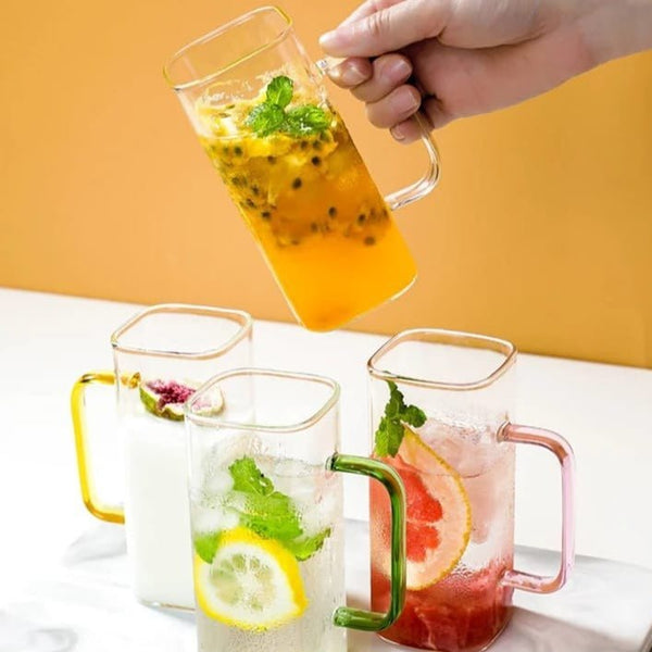 Modern Square Glass Tumbler with Bamboo Lid & Reusable Glass Straw – 450ml Iced Coffee & Juice Cup (Green Handle)