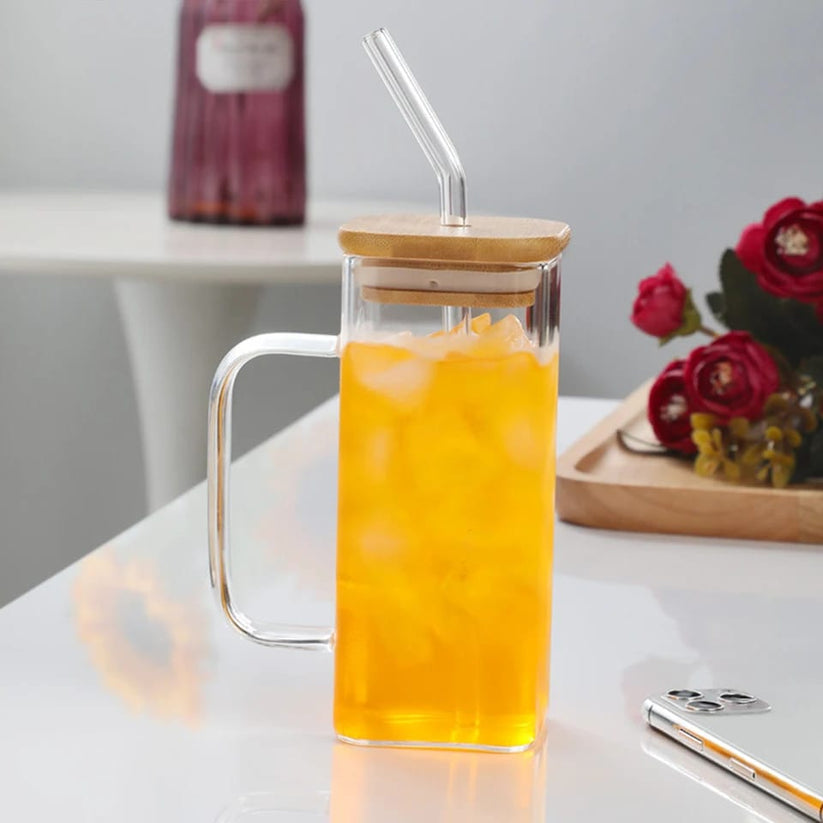 Modern Square Glass Tumbler with Bamboo Lid & Reusable Glass Straw – 450ml Iced Coffee & Juice Cup (Green Handle)