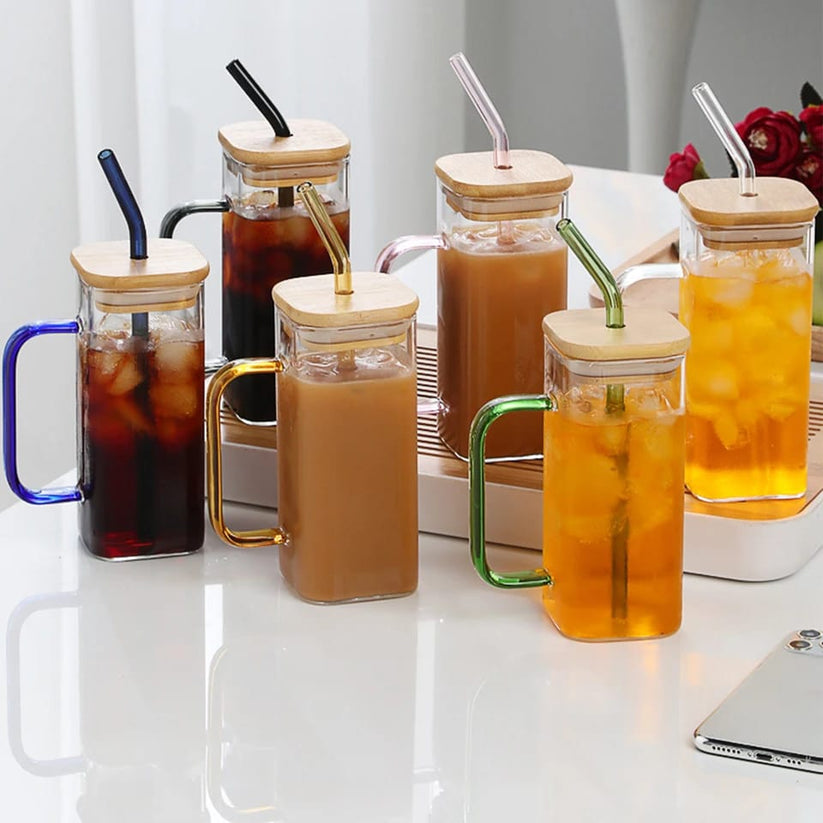 Modern Square Glass Tumbler with Bamboo Lid & Reusable Glass Straw – 450ml Iced Coffee & Juice Cup (Green Handle)