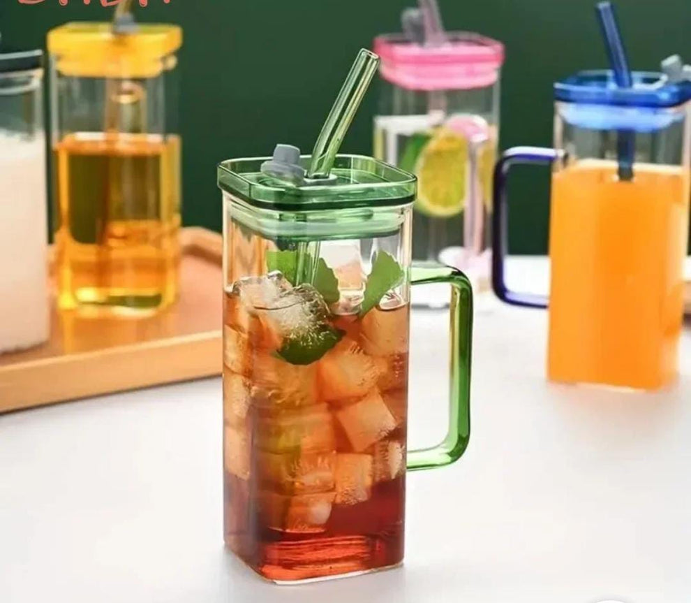 Modern Square Glass Tumbler with Bamboo Lid & Reusable Glass Straw – 450ml Iced Coffee & Juice Cup (Green Handle)