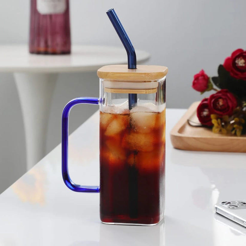 Modern Square Glass Tumbler with Bamboo Lid & Reusable Glass Straw – 450ml Iced Coffee & Juice Cup (Green Handle)