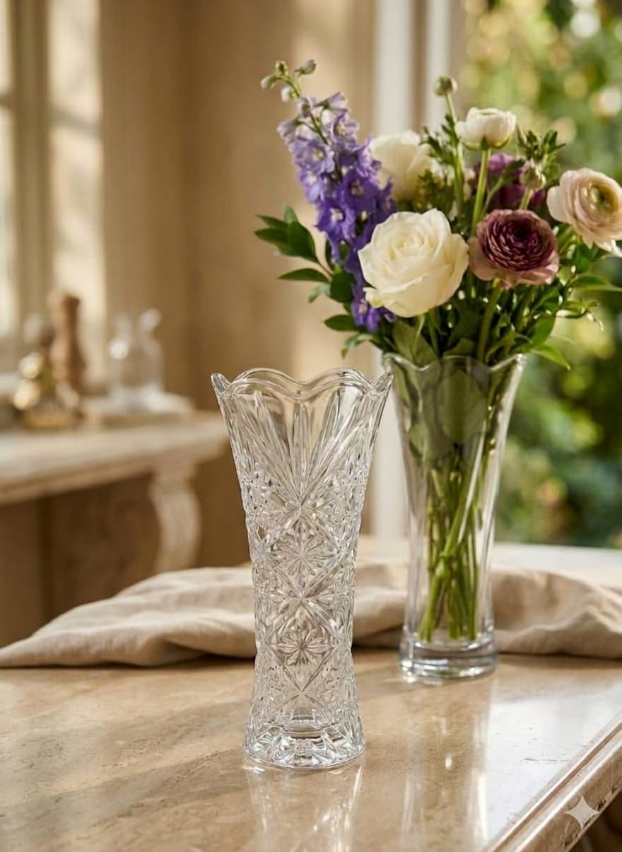 Luxury Crystal Cut Glass Flower Vase – Transparent Decorative Table Vase for Home & Office