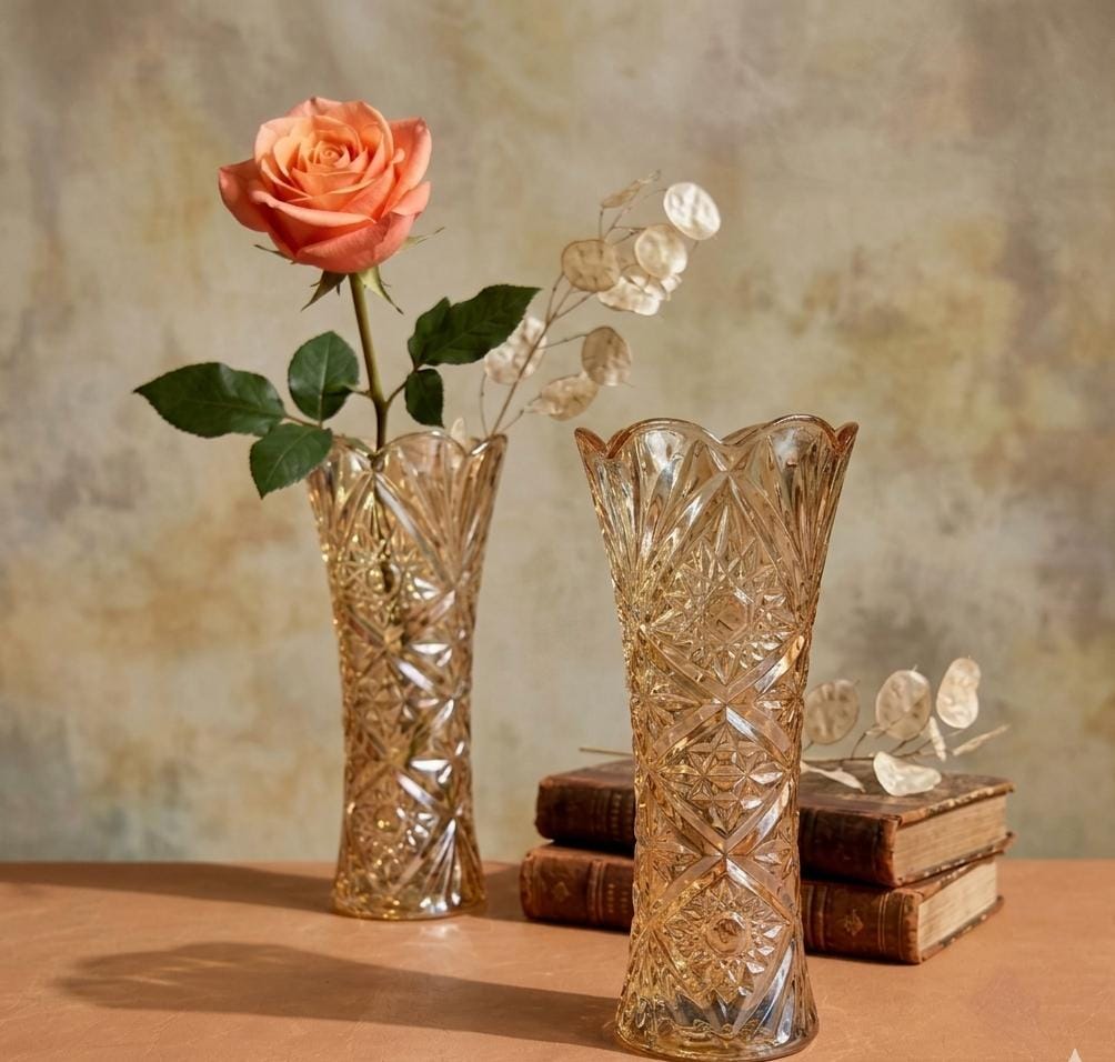 Amber Crystal Cut Glass Flower Vase – Luxury Decorative Table Vase for Home & Office