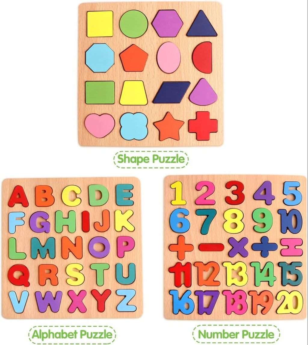 Wooden Educational Puzzle Board for Kids – Alphabet, Numbers, Math & Shapes Learning Toy