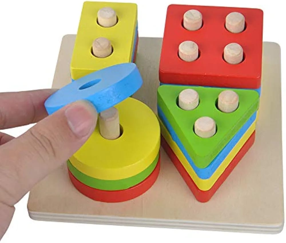 Wooden Shape Sorting & Stacking Puzzle Board – Montessori Educational Learning Toy for Kids