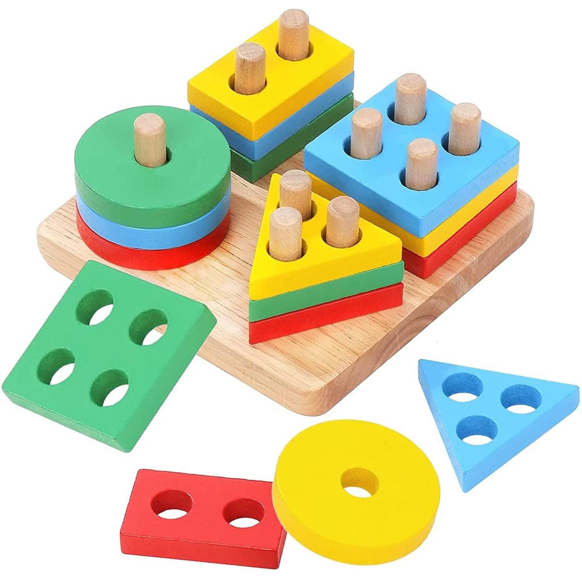 Wooden Shape Sorting & Stacking Puzzle Board – Montessori Educational Learning Toy for Kids