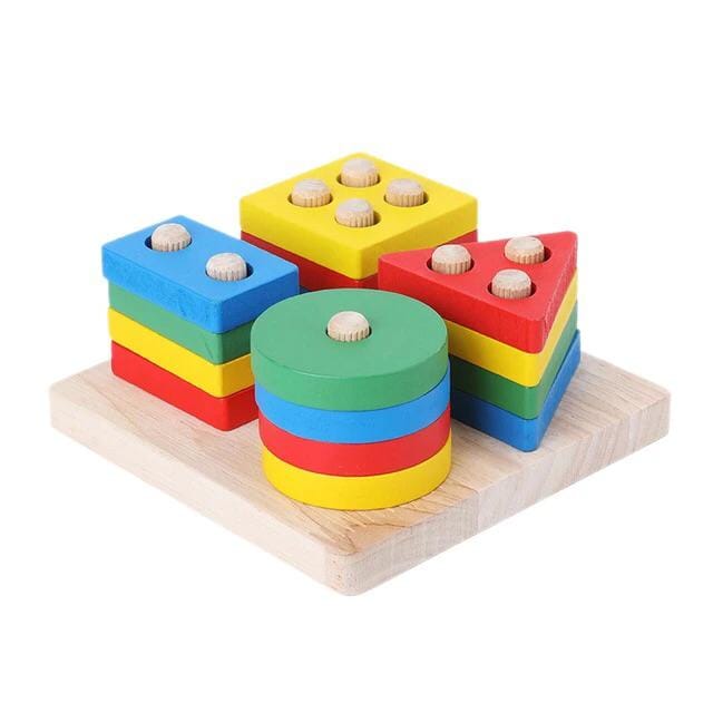 Wooden Shape Sorting & Stacking Puzzle Board – Montessori Educational Learning Toy for Kids