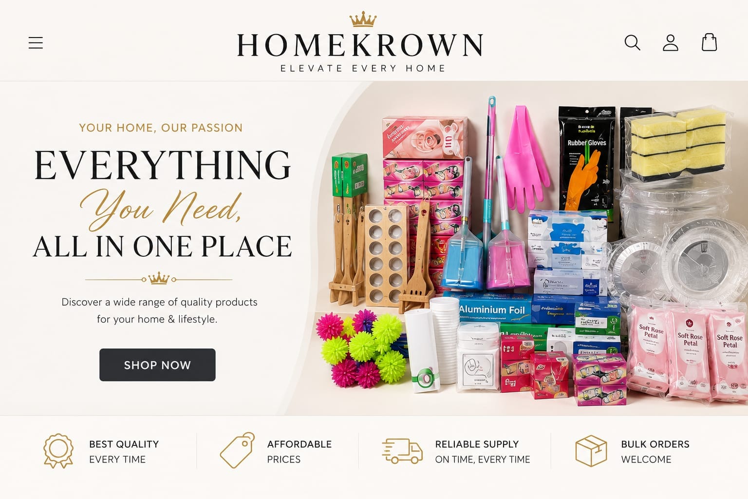 Homepage banner for Homekrown, showing a large collection of household cleaning and personal care products including sponges, brushes, foaming tablets, and packaged items, with promotional text on the left and feature icons along the bottom.